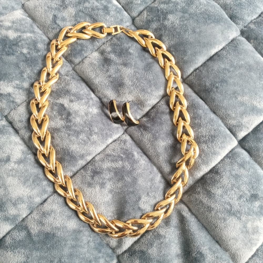 Monet Gold Tone Necklace and Black Enamel Earrings